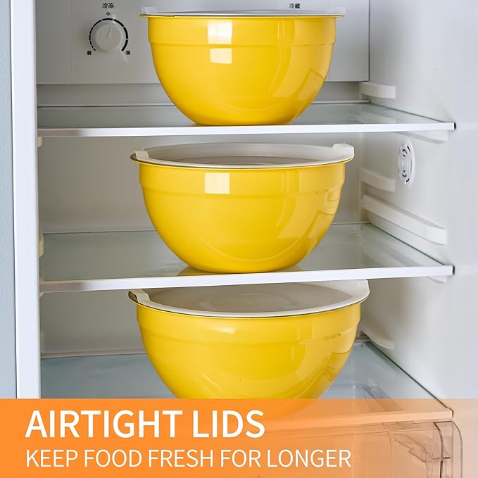 Yellow Mixing Bowls with Airtight Lids, Stainless Steel Nesting Mixing Bowls Set of 7, Ideal for Baking, Prepping and Serving Food, Size 7, 3.6, 2.7, 2.1, 1.5, 1.1,0.8 QT, Stackable Design