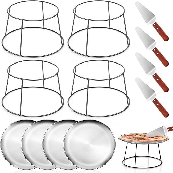 12 Pcs Pizza Stand Set: 4 Metal Stands, 4 Pizza Pans, 4 Spatulas for Weddings, Party(Silver,Round)
