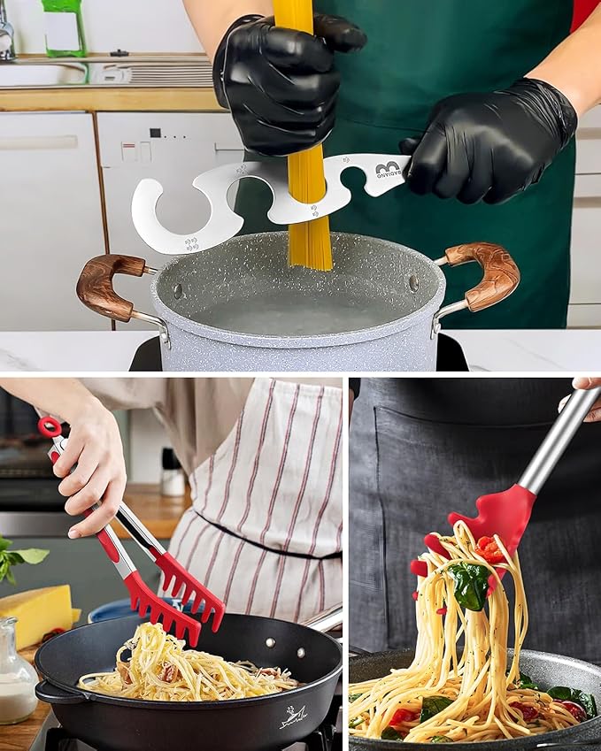 Silicone Spaghetti Spoon & Pasta Tong With Pasta Measurer, 3 Pack of Non-Stick Stainless Steel Handle Pasta Fork Set with Teeth, Food Clip for Easy Serving of Noodles (RED)