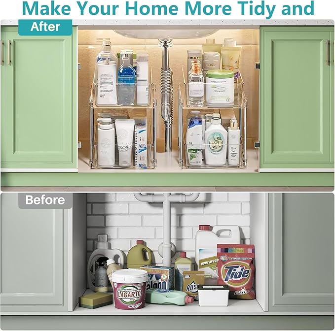 Clear Under Sink Organizers, Pull Out Cabinet Organizer,2 Tier Bathroom Storage Organizer,Cabinet Drawers Organization Bins with Track for Kitchen,Pantry,Fridge,Vanity