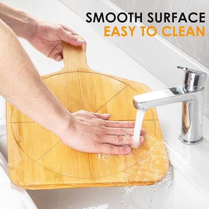 4 pcs Pizza Peel with Stand Smooth Pizza Paddle Pizza Cutting Board with 6 Slice Grooves Premium Serving Tray with Stainless Steel Pizza Cutting wheel and Pizza Shovel