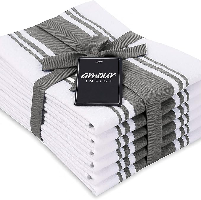 AMOUR INFINI Kitchen Towels 100% Cotton Pack of 6, Highly Absorbent Quick Drying Super Soft Premium Dish Towel for Kitchen with Hanging Loop Hand & Tea Towels - 20x28 Inch (Light Gray)