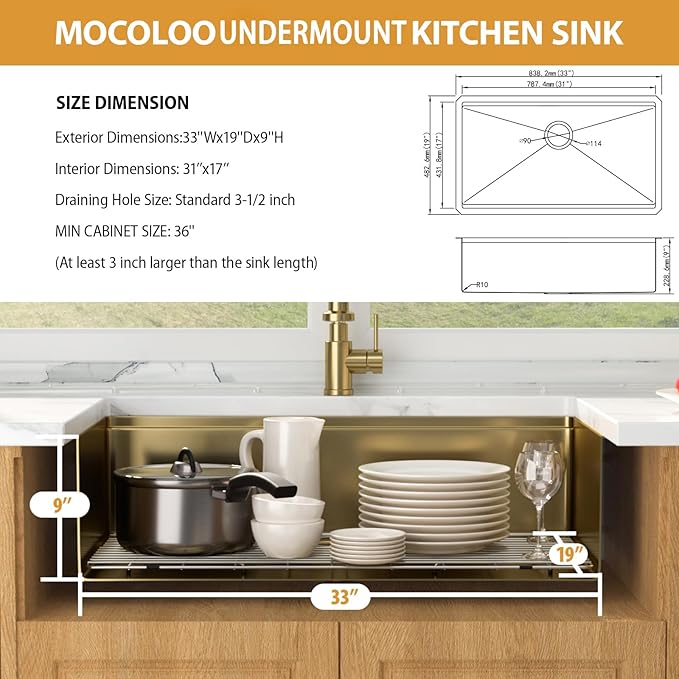 Mocoloo 33 Gold Kitchen Sink - 33 x 19 Inch Undermount Kitchen Sinks Ledge Workstation Gold Sink Single Bowl 16 Gauge Stainless Steel Under Counter Modern Sinks