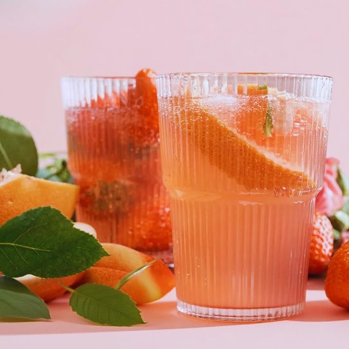 Ribbed Drinking Cups Set of 4-14oz Pink Highball Glass, Stackable Vintage Tumblers for Cocktails, Iced Coffee, Juice & Water, Elegant Everyday Glassware