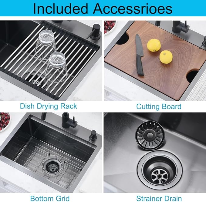 20 x 17 Inch Black Drop in Kitchen Bar Sink Workstation 16 Gauge Stainless Steel Small RV Kitchen Sink Outdoor Top Mount Single Bowl