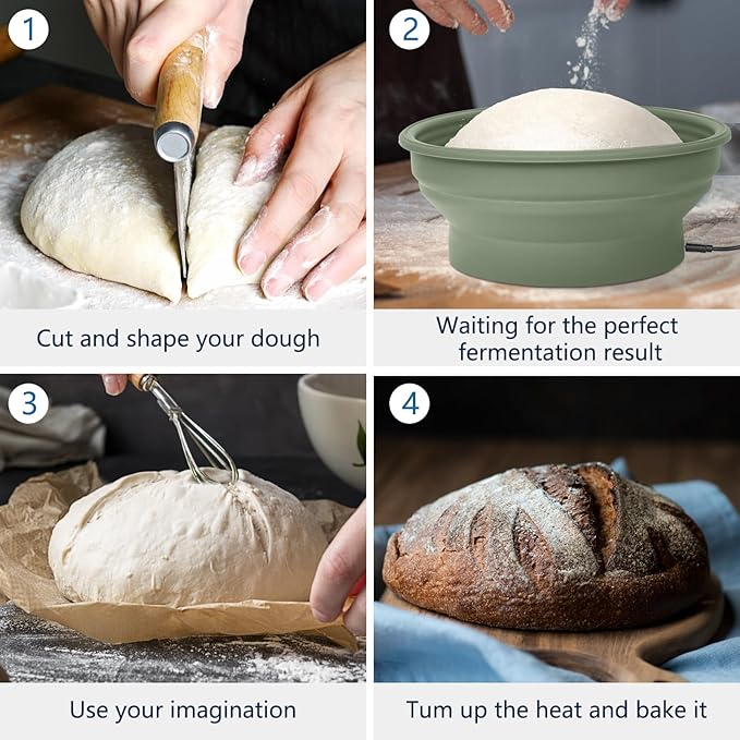 Electric Heating Bread Proofing Basket, Sourdough Starter Warmer - 4 Heat Settings, Foldable 9-Inch Sourdough Starter Kit, Silicone Banneton Basket-Multipurpose for Warming Pet Food, Green