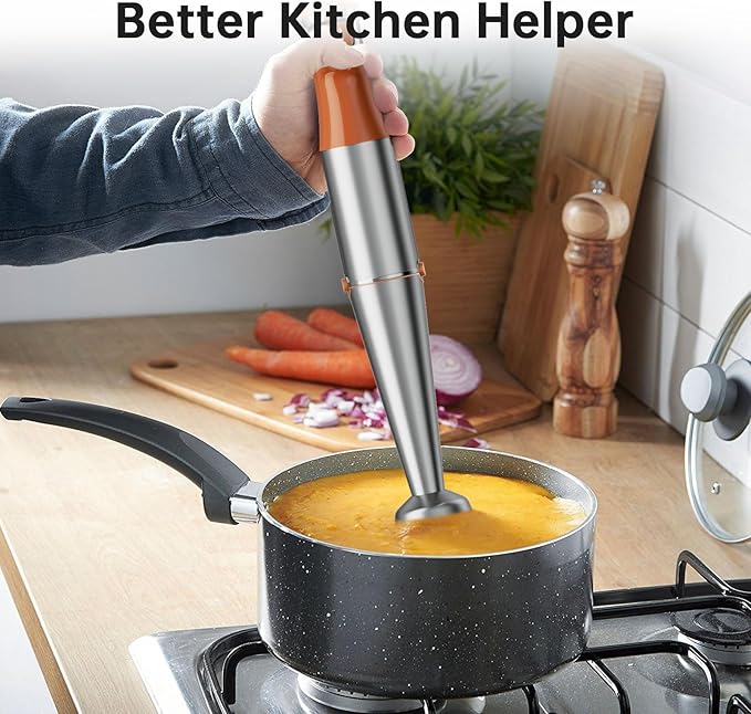Immersion Blender Handheld Corded Hand Blenders Set 1100W, Trigger Variable Speed 5 in 1 Stick Emulsifier with Chopper, Whisk and Frother for Soup, Baby Food and Smoothies, Orange