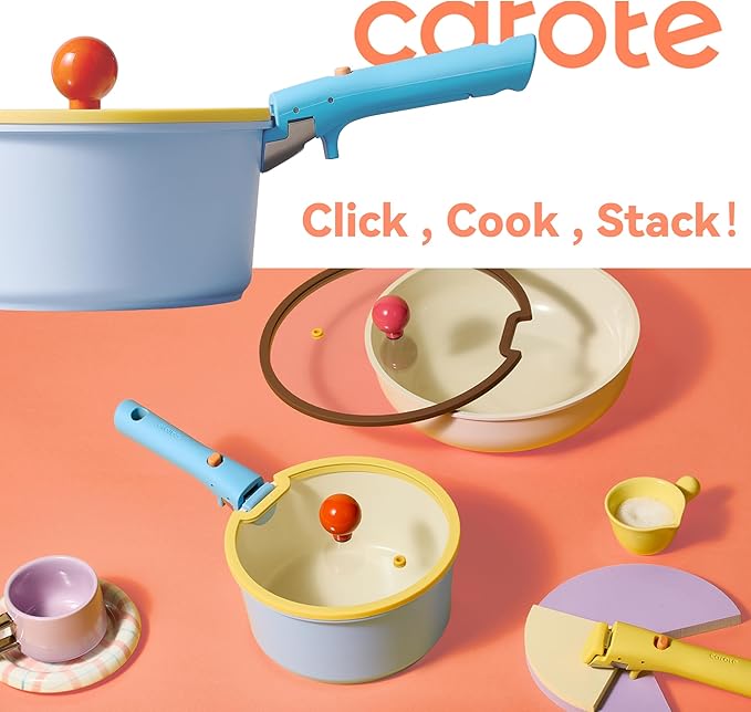 CAROTE 20pcs Ceramic Cookware Set Detachable Handle,Pots and Pans Set Nonstick,Induction Kitchen Cookware with Removable Handle,RV Dishwasher ＆ Oven Safe, PFOA Free