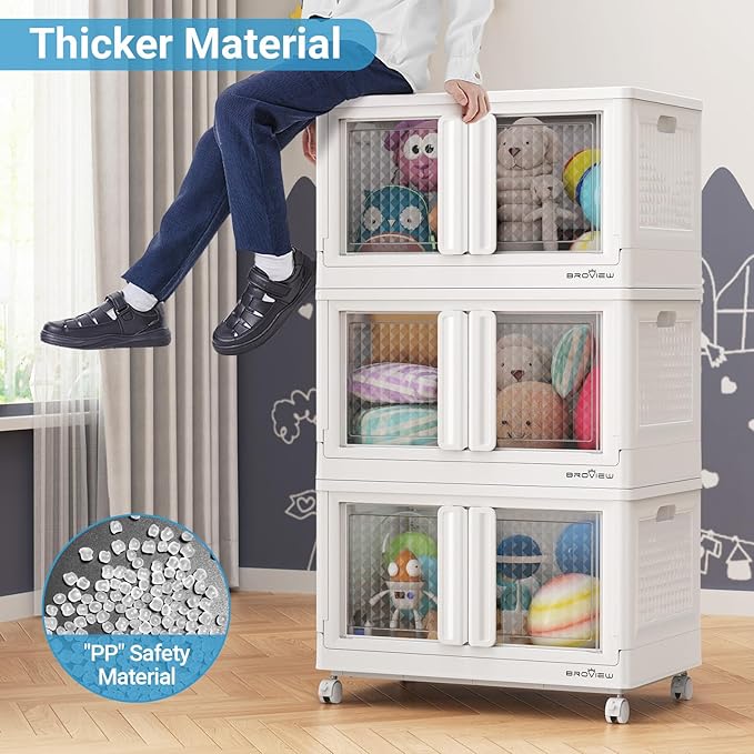 BROVIEW 400Qt Stackable Storage Bins with Lids, 100Gal Closet Organizers and Storage Drawer, Plastic Collapsible Storage Bins with Doors, Heavy Duty Store Box Cabinet for Home Kitchen, 4Pack White