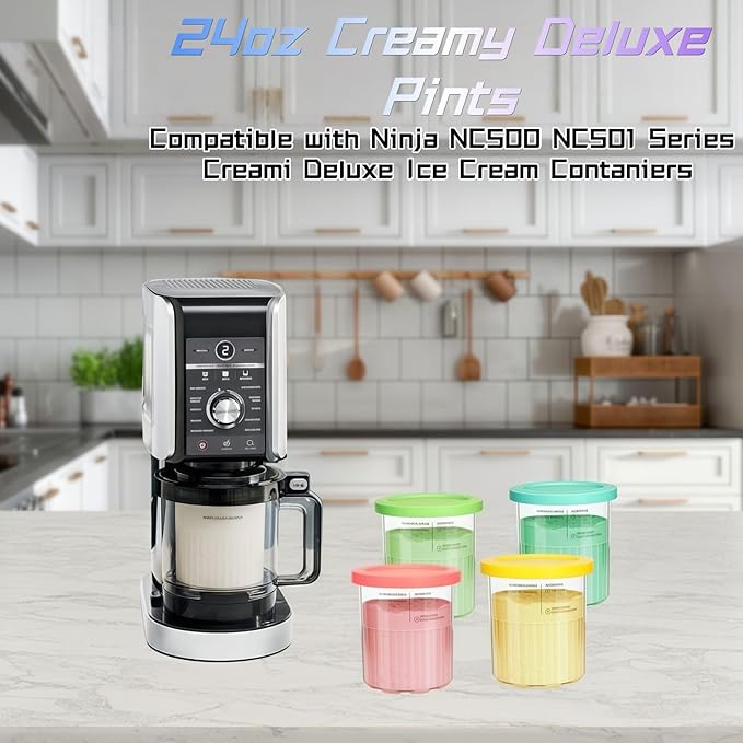 Compatible with Ninja NC500 NC501 Creami Deluxe Pints,24oz Creami Deluxe Containers,Ninja Creami Deluxe Pints and Lids 4 pack, Ninja Creami Deluxe Pint,Creami Deluxe Pint Containers