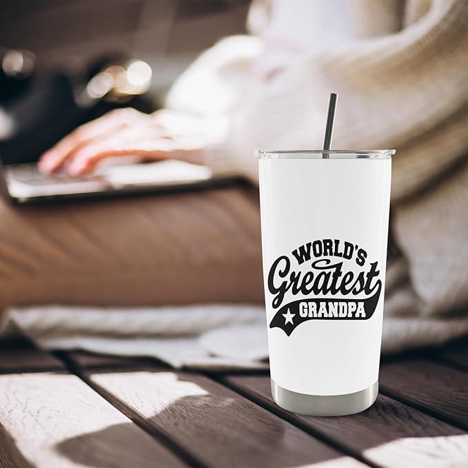 QASHWEY Grandpa Gifts Coffee Tumbler - Gifts for Grandpas, Grandpas Travel Tumbler Coffee Mug for Grandfather, World's Greatest Grandpa Stainless Steel Tumblers with Straw and Lid 20 oz