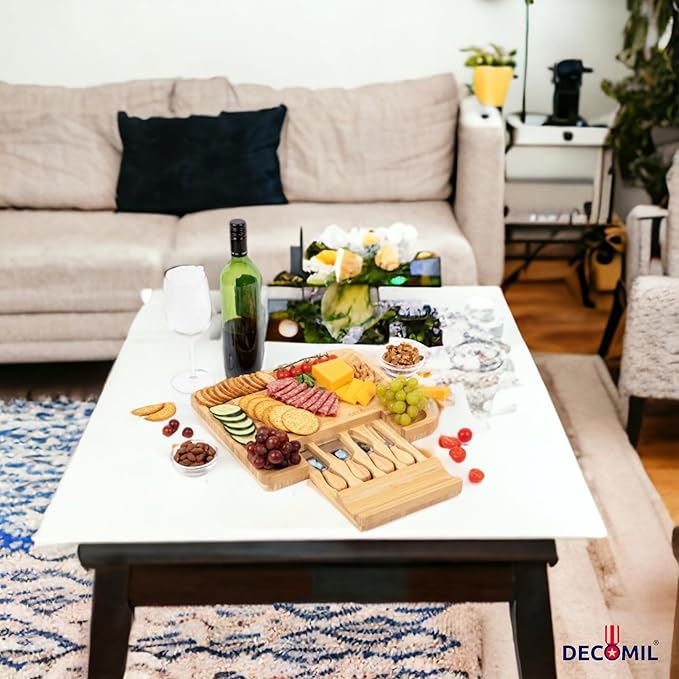 DECOMIL - Bamboo Cheese Board and Knife Set, Charcuterie Set, Cheese Board and Cutlery Set, Cheese Cutting Board,%100 Bamboo and Durable