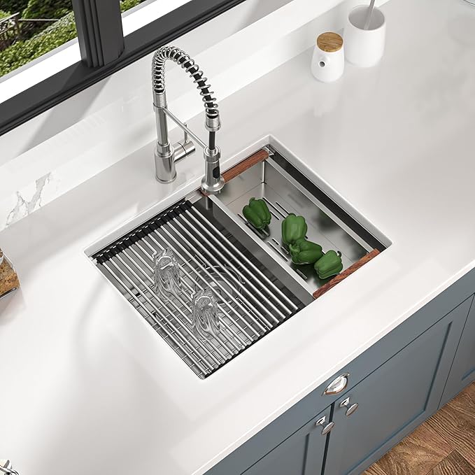 Mocoloo 23 Inch Undermount Kitchen Sink - Stainless Steel Undermount Bar Prep Single Bowl 16 Gauge 10" Deep 23x19 Kitchen Sink Workstation Handmade RV Laundry Sinks with Track