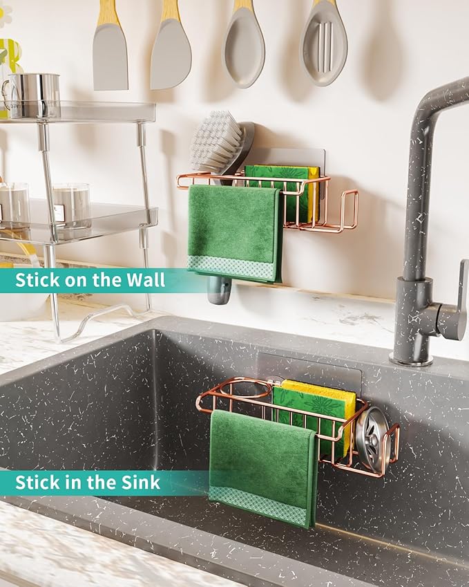 HapiRm Sponge Holder for Kitchen Sink, No Drill Kitchen Sink Caddy Organizer, Rustproof and Waterproof Dish Sponge Holder - Rose Gold