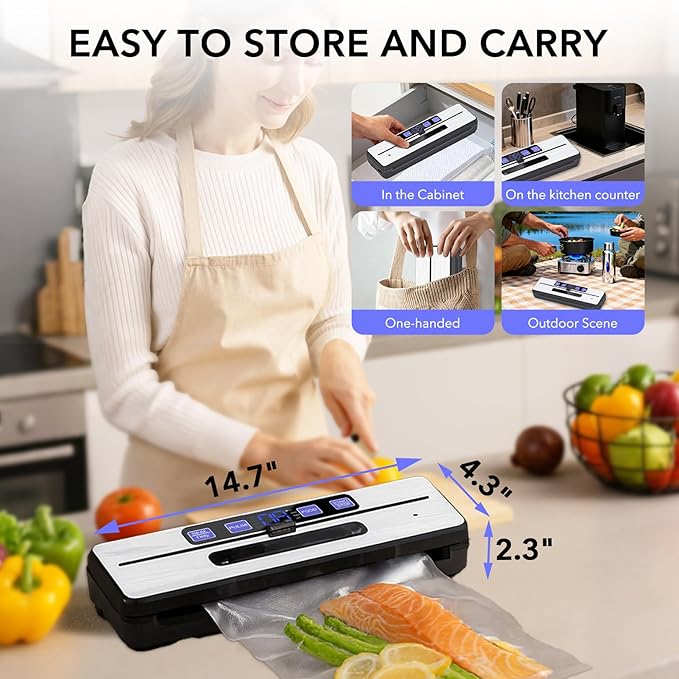 Food Saver Vacuum Sealer Machine + 30 Vacuum Bags, 7-in-1 Multi-Functional Vacuum Sealer, Food Sealer for Freshness Storage, with Dry & Moist Food Modes, Double Heat Seal, Built-in Cutter, Silver