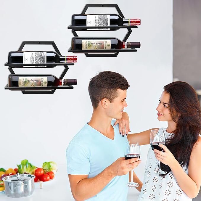 2Pcs Wall Mounted Wine Bottle Rack, Metal Hanging Wine Display Holder Organizer, Red Wine Racks for Home Kitchen Bar Decor Storage(Black) (B2)