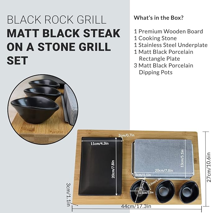 Black Rock Grill Steak, Hot Stone Grill - Sizzling Hot Rock, Indoor Grill, Cooking Stone with Matt Black Ramekins and Side Plate (One Standard Set)