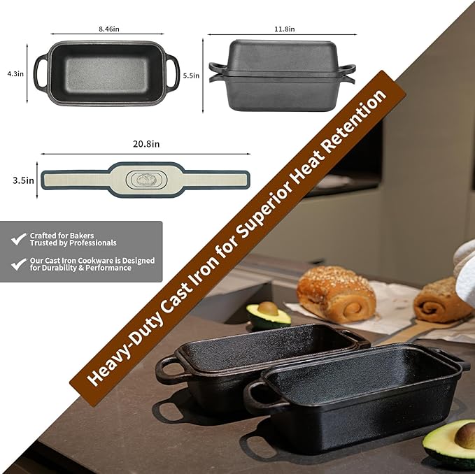 Blisswave Cast Iron Loaf Pan with Lid | Bread Baking Pans | Even Heat Distribution for Homemade Bread, Cake, Meatloaf | 2 Piece Set with 2 Bonus Bread Mats