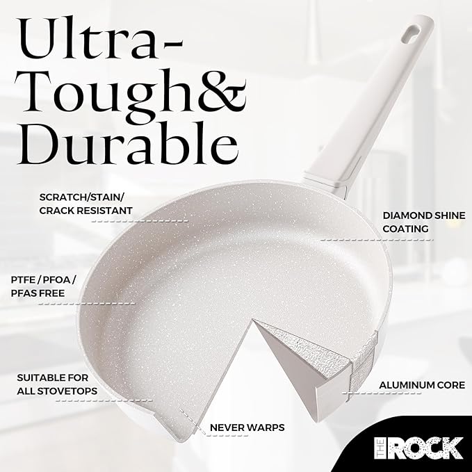 THE ROCK SOHO 15Pcs Ceramic Cookware Set – Non toxic Pots and Pans Set Non Stick with ROCK.TEC – Nothing Sticks, Never Warps, Lasts Longer, PTFE PFOA & PFAS Free, Induction & Dishwasher Safe, Cream