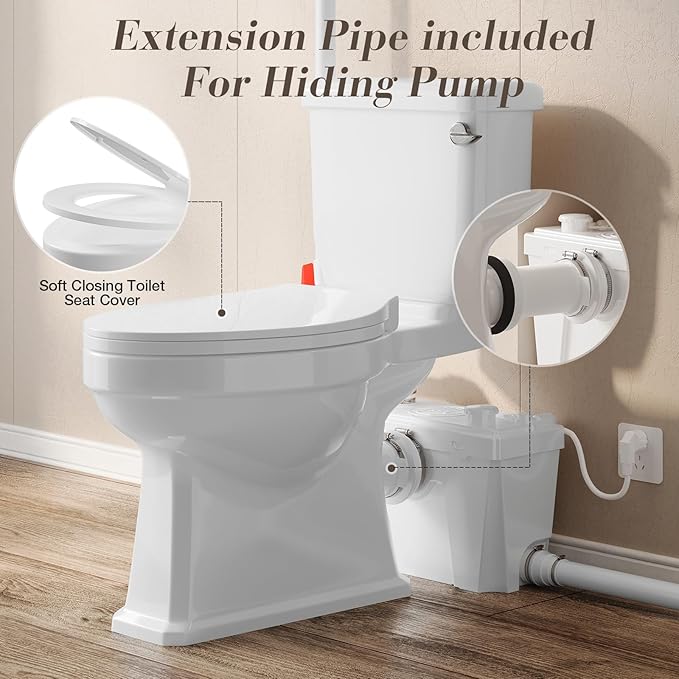500Watt Upflush Toilet with Bidet Sprayer- Macerating Toilet withToilet Bowl,Toilet Tank and Macerator Pump with 4 Water Inltes for Kitchen Sink, Bathroom, Laundry