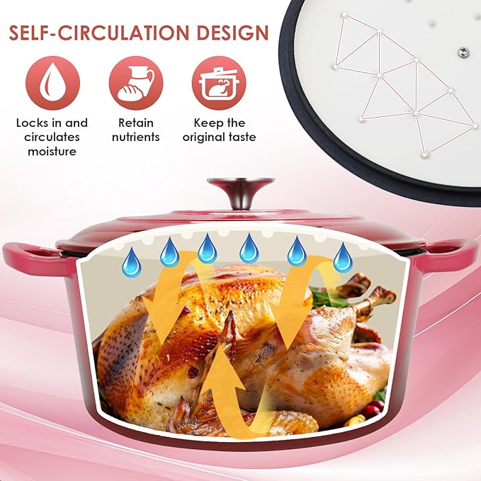 LIFERUN 6 Qt Enameled Cast Iron Dutch Oven Pot with Lid，Oven Safe up to 500° F, Heavy-Duty Non-Stick Dutch Oven with Dual Handles for Bread Baking, Fry Foods, Braising, Stews, Roasting (Red)