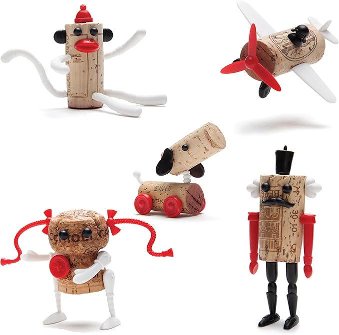 Corkers Classic Wine Accessories by Monkey Business, Collectible Novelty Gift, Pack of 6 Different Figurine Crafting Parts for Corks