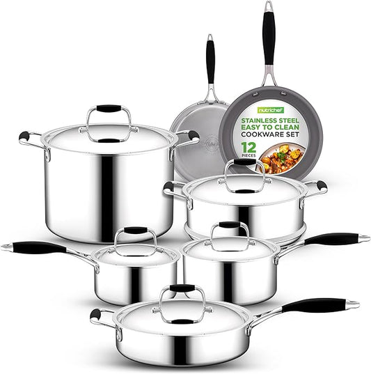 NutriChef 12-Piece Stainless Steel Kitchenware - Pots & Pans Set Clad Kitchen Cookware w/ Silicone Grip Handles, Fry Pan Interior Coated w/ Prestige Ceramic Non-Stick Coating, Stylish Kitchen Cookware