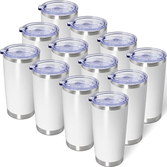 20oz Tumbler Bulk Stainless Steel Tumblers with Lid Vacuum Insulated Double Wall Travel Coffee Mug Powder Coated Tumbler Cup for Hot and Cold Drinks(White, 12 pack)