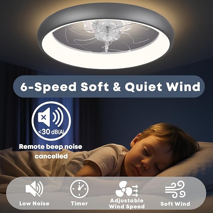 20'' Ceiling Fan with Light, Upgraded Low Profile Fan, Flush Mount Ceiling Fan, 6 Speeds, Dimmable LED, App & Remote Control, Quiet DC Motor, for Bedroom, Living Room, F109 Grey