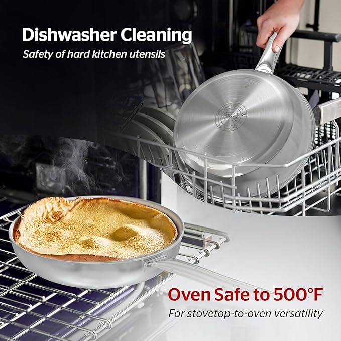 Sunhouse 10 Inch Tri-Ply Stainless Steel Frying Pan, Whole-Clad No Coatings Skillet with Stay-cool Handle for Cooking, Durable & Oven Safe to 500°F, Dishwasher Safe, Compatible with All Cooktops