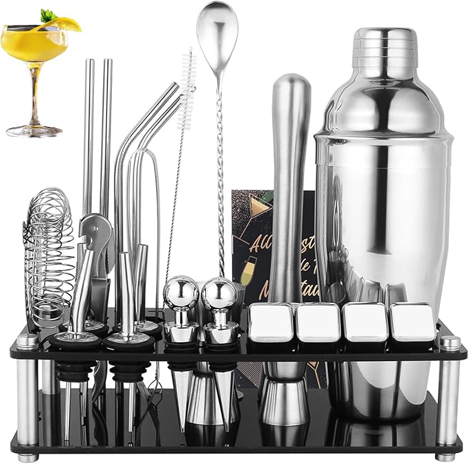 Cocktail Shaker Set, 25-Piece Stainless Steel Bartender Kit with Acrylic Stand & Cocktail Recipes Booklet, Professional Bar Tools for Drink Mixing, Home, Bar, Party (Include 4 Whiskey Stones)