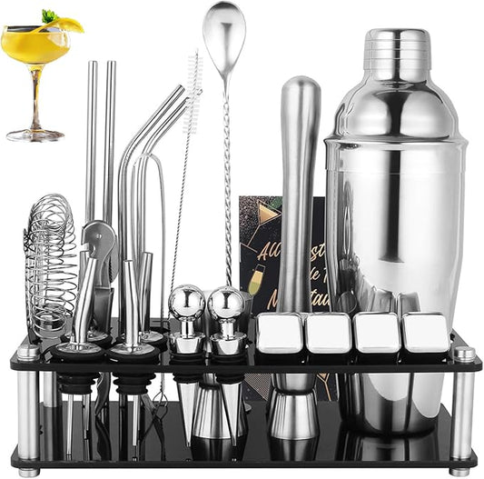 Cocktail Shaker Set, 25-Piece Stainless Steel Bartender Kit with Acrylic Stand & Cocktail Recipes Booklet, Professional Bar Tools for Drink Mixing, Home, Bar, Party (Include 4 Whiskey Stones)
