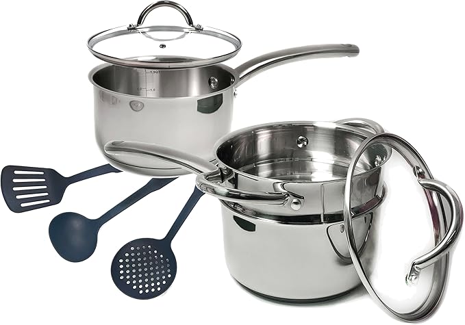 Stainless Steel Saucepan Glass Lid Casting Steel handle Induction Impact Bonded 8 PCS Set Steamer