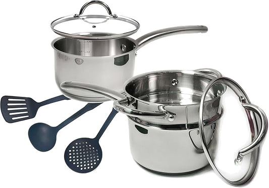 Stainless Steel Saucepan Glass Lid Casting Steel handle Induction Impact Bonded 8 PCS Set Steamer