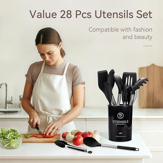 Silicone Cooking Utensils Set, 28 Pcs Kitchen Utensils Set for cooking, 446°F Heat Resistant Spatula Set, Food Grade Silicone and Stainless Steel Handle Kitchen Gadgets for Nonstick Cookware BPA Free