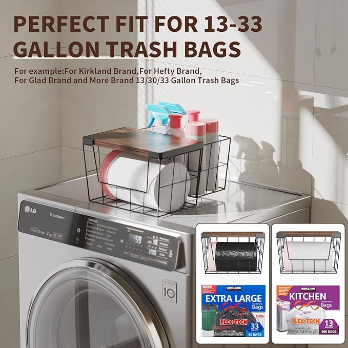 Trash Bag Holder Dispenser 2-Pack, Under Sink Organizer with Wood Lid & Wall Mount, Large Capacity for 13 Gallon Kitchen Trash Bags, Plastic Bag Storage for Laundry Room and Pantry Organization