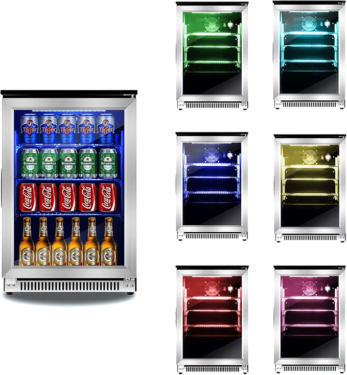 20 Inch Built-in Beverage Refrigerator with 7-Color LED Light, Compact 120 Can Under Counter or Freestanding Stainless Steel Drink Cooler Fridge with Glass Door for Soda & Beer