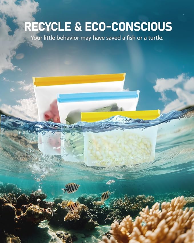 IDEATECH Food Storage Bags, BPA Free PEVA Reusable Gallon Freezer Bags, Reusable Sandwich Containers, Heallthy Food Bags Containers for Travel, Lunch(Grey, 24Pack-8Gallon+8Quart+8Snack)