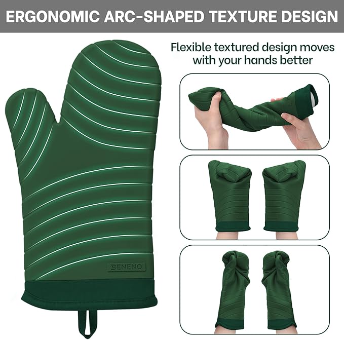 Beneno Premium Silicone Oven Mitts 2-Pack Heat Resistant 500°F, Soft Flexible Non-Slip Grips, BPA-Free & Waterproof Oven Mitts with Comfort Cotton Lining for Baking, Grilling, Cooking, 7"x13", Green