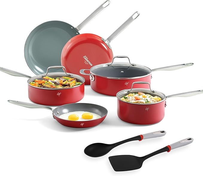 Guy Fieri's Flavortown 11-Piece Ceramic Cookware Set, Nonstick Pots and Pans for Cooking, Made without PFAS PTFE PFOA, Oven Safe, Dishwasher Safe, Easy to Clean Everyday Cookware