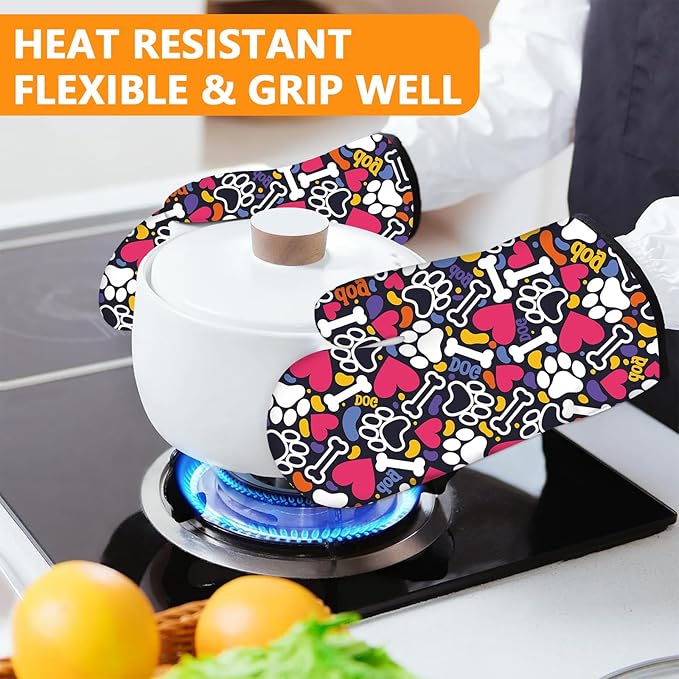 Paw Prints Oven Mitts and Pot Holders Sets 4Pcs,Extra Long Oven Gloves Potholder for Kitchen Cooking Baking BBQ 100% Cotton Heat Resistant