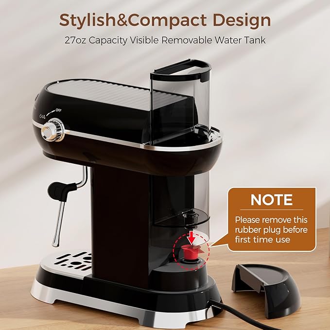 Espresso Machine with Milk Frother ，20 Bar Stainless Steel Espresso Maker with Milk Frother Steam Wand, Espresso Coffee Machine with Removable Water Tank (Black)