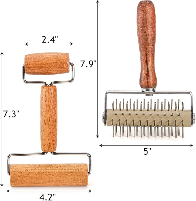 Hiceeden Set of 2 Pizza Dough Roller & Dough Docker, Stainless Steel Dough Hole Maker Puncher Wooden Rolling Pin for Pizza, Cookie, Pie, Pastry, Bread, Crust