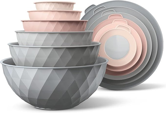 COOK WITH COLOR Mixing Bowls with Lids - 12 Piece Plastic Nesting Bowls Set includes 6 Prep Bowls and 6 Lids, Diamond Design - Microwave Safe, Pink and Grey