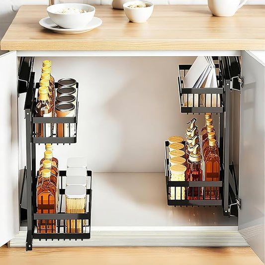Pull Out Spice Rack Organizer 2 Tier Sliding Cabinet Interior Metal Spice Drawer Adjustable & Removable, Holds Up to 20 Jars for Kitchen, Pantry, Cafe