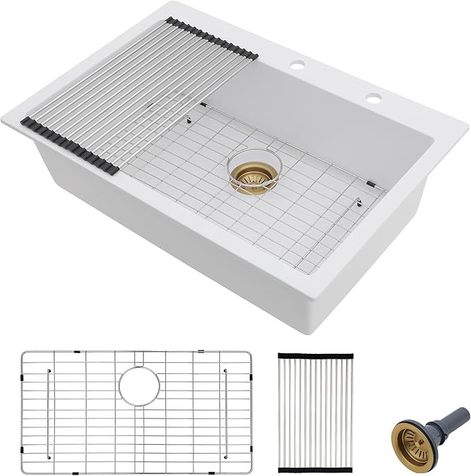 33 Granite Composite Kitchen Sink - Fulorni 33"×22" Granite Kitchen Sink Drop In Topmount White Quartz Classic Above Counter Single Bowl Sink Basin