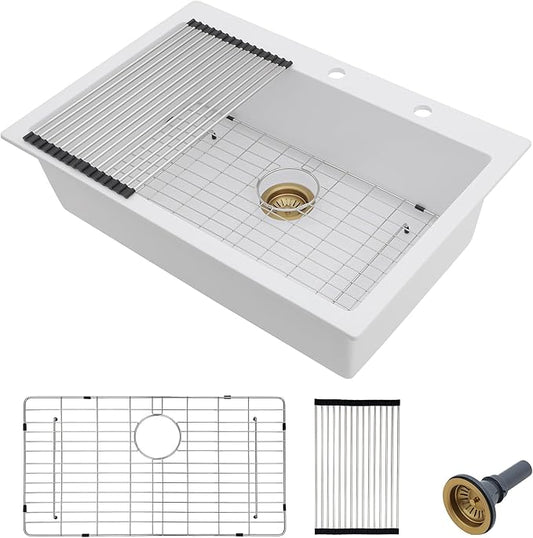 33 Granite Composite Kitchen Sink - Fulorni 33"×22" Granite Kitchen Sink Drop In Topmount White Quartz Classic Above Counter Single Bowl Sink Basin