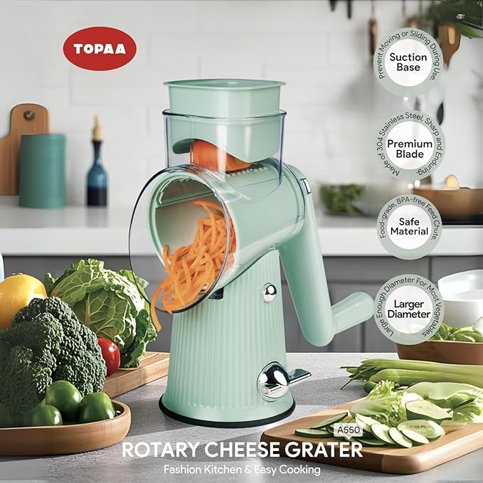 TOPAA Rotary Cheese Grater with Handle Vegetable Shredder with 5 Blades, Round Mando line Slicer and Food Chopper for Kitchen (Green)