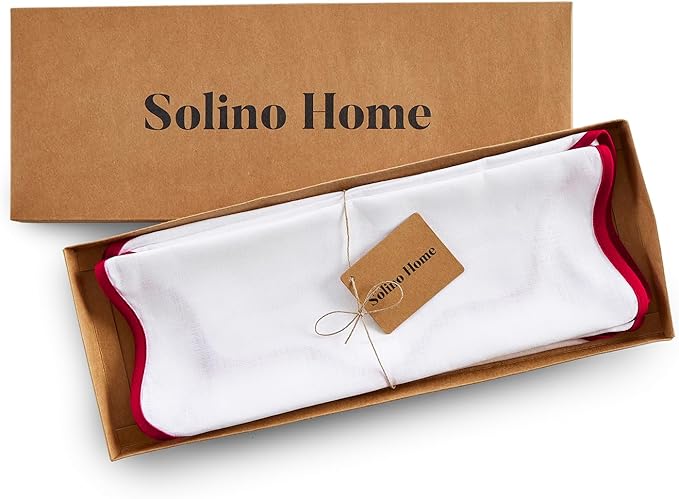 Solino Home Linen Scallop Cloth Placemats Set of 4-100% Pure Linen Red and White Round Placemats 16 Inch - Giselle Scallop Edge, Handcrafted and Machine Washable - Christmas