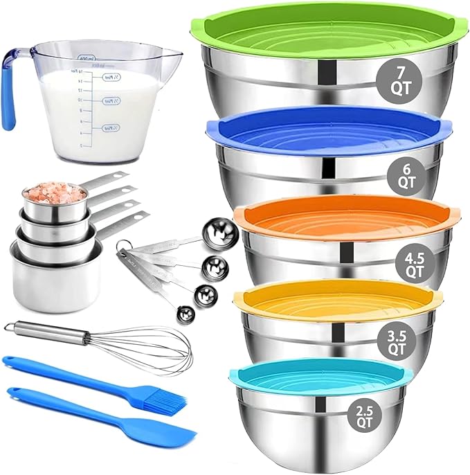 MIKULA Mixing Bowls Set, 22PCS Large Stainless Steel Mixing Bowl with Lids Set 7/6/4.5/3.5/2.5QT, 400ML Measuring Cups Spoons Storage Baking Nesting Metal Bowl for Kitchen Supplies